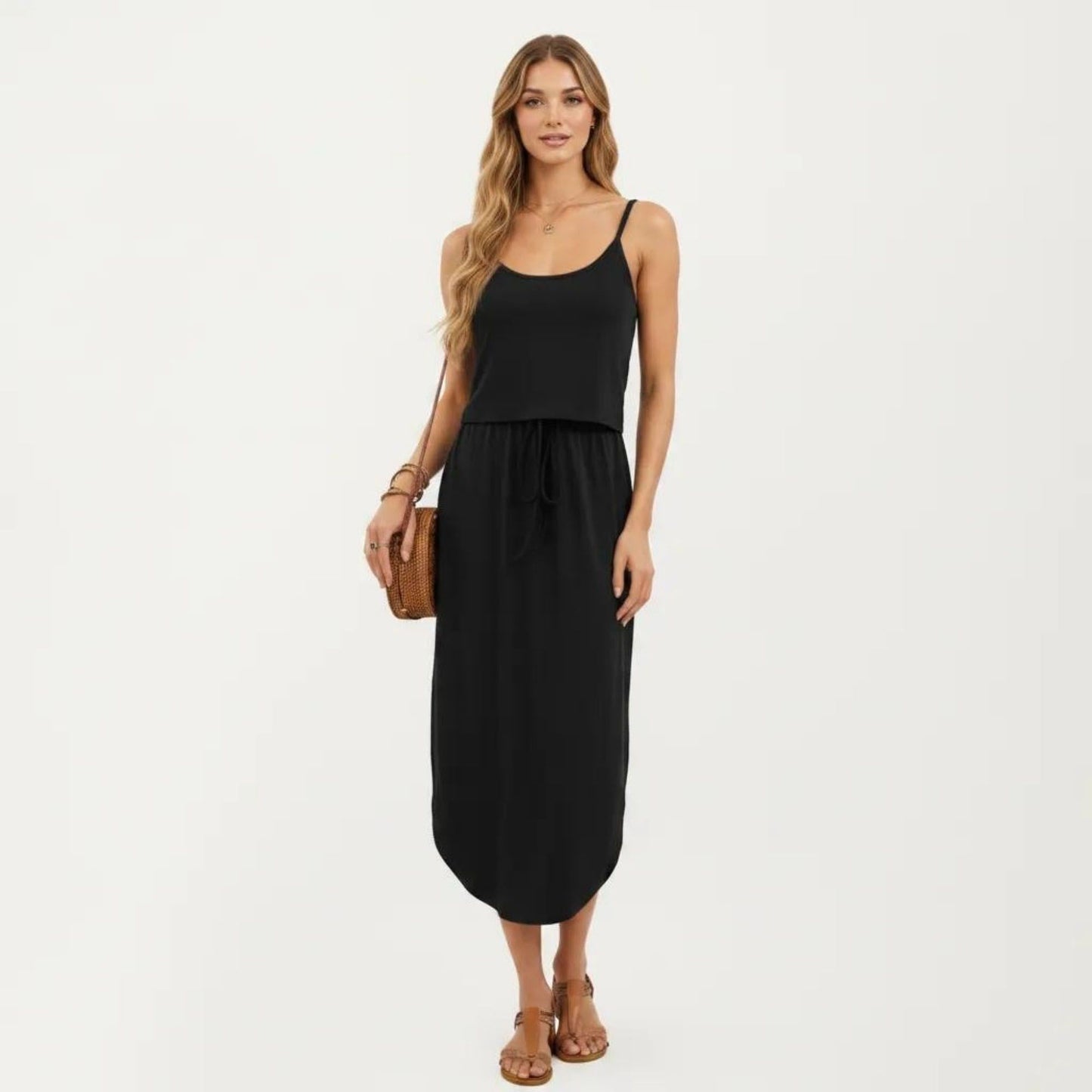 Sleeveless Midi Dress with Spaghetti Straps and Adjustable Drawstring Waist Relaxed Fit Silhouette