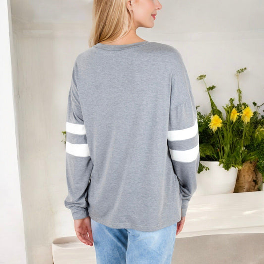 Long Sleeve V-Neck Pullover with Contrast Sleeve Stripes