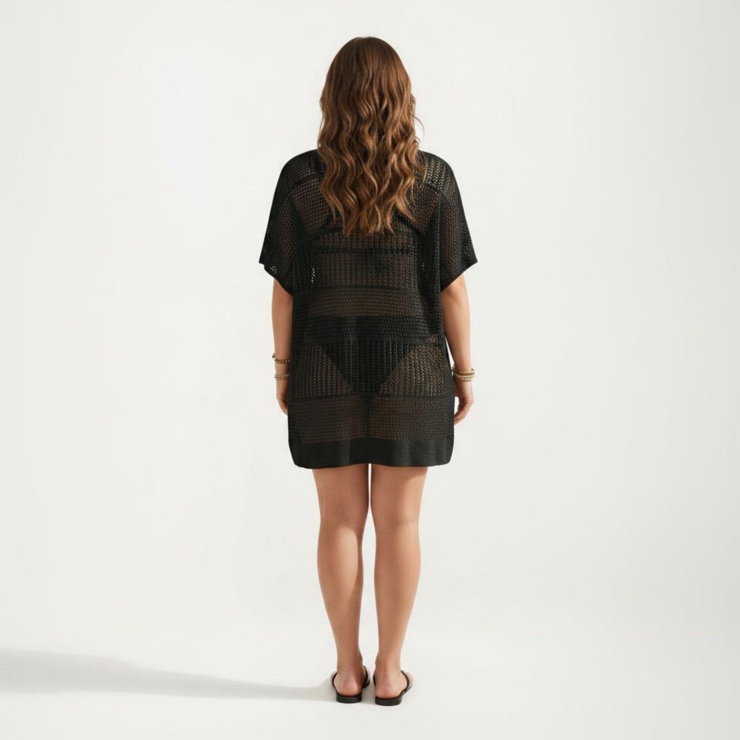 Mesh Swim Cover Up Dress with Open Knit Design Collared Neckline Short Sleeves Relaxed Fit