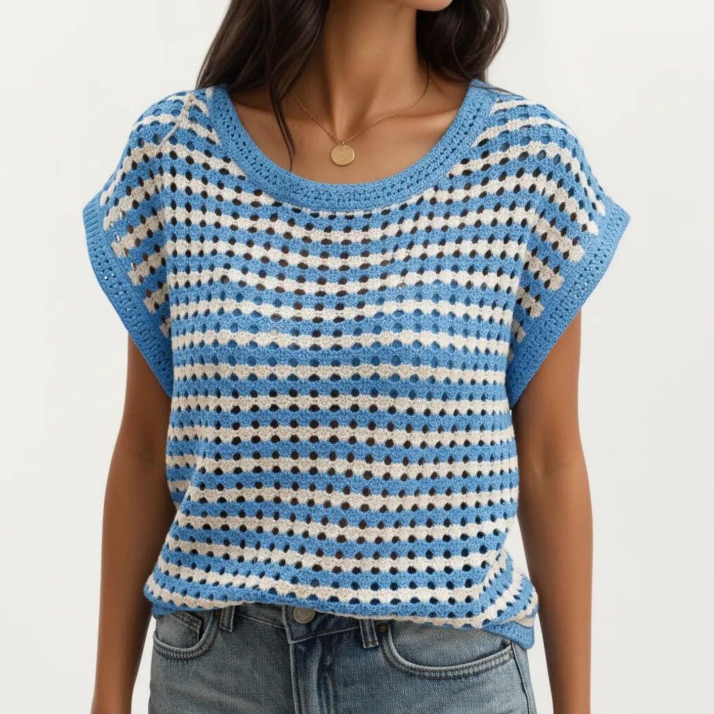 Short Sleeve Striped Crochet Knit Top with Open Stitch Texture and Relaxed Fit