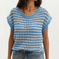 Short Sleeve Striped Crochet Knit Top with Open Stitch Texture and Relaxed Fit