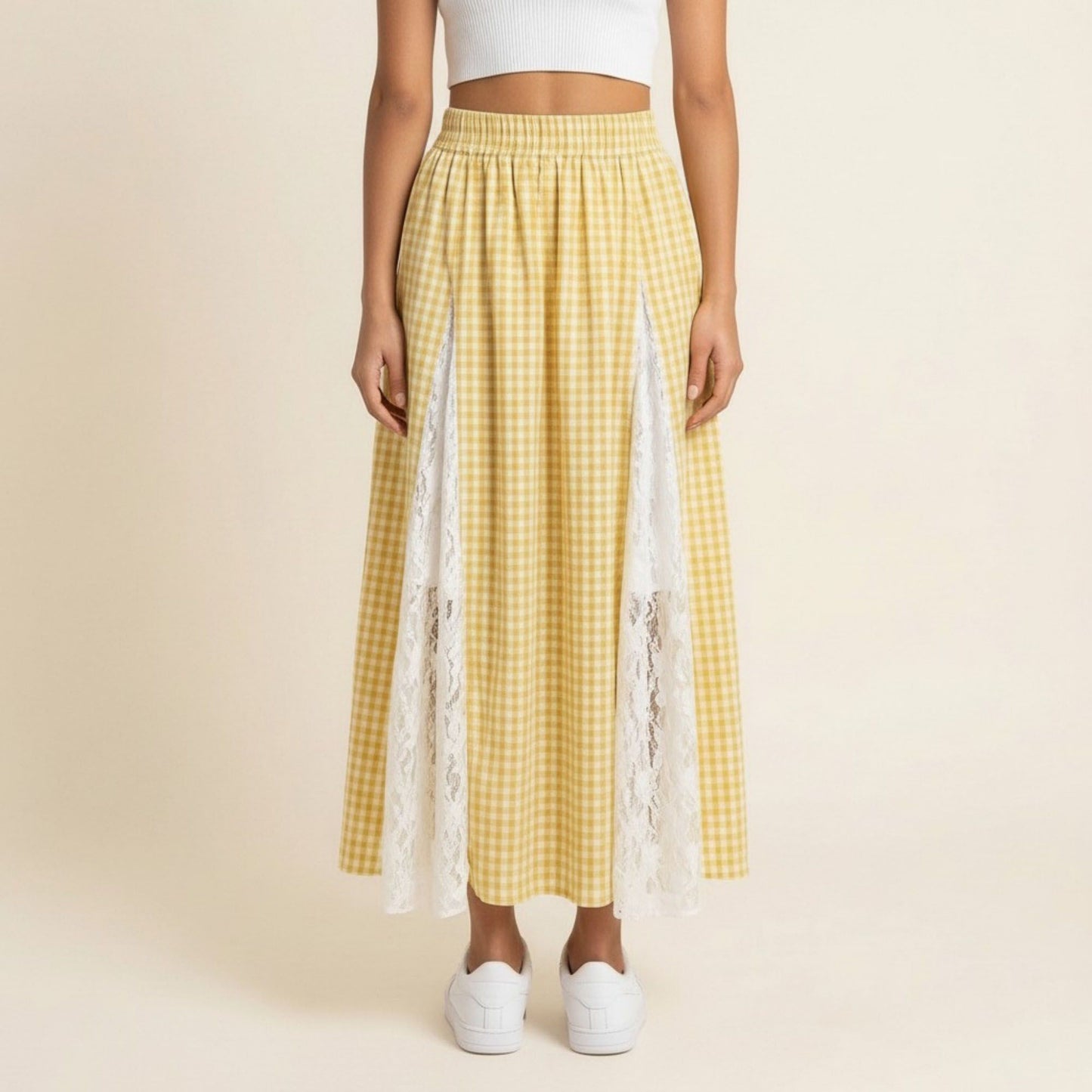 Gingham Maxi Skirt Lace Panel High Waist A Line Flowy Lightweight Casual Skirt