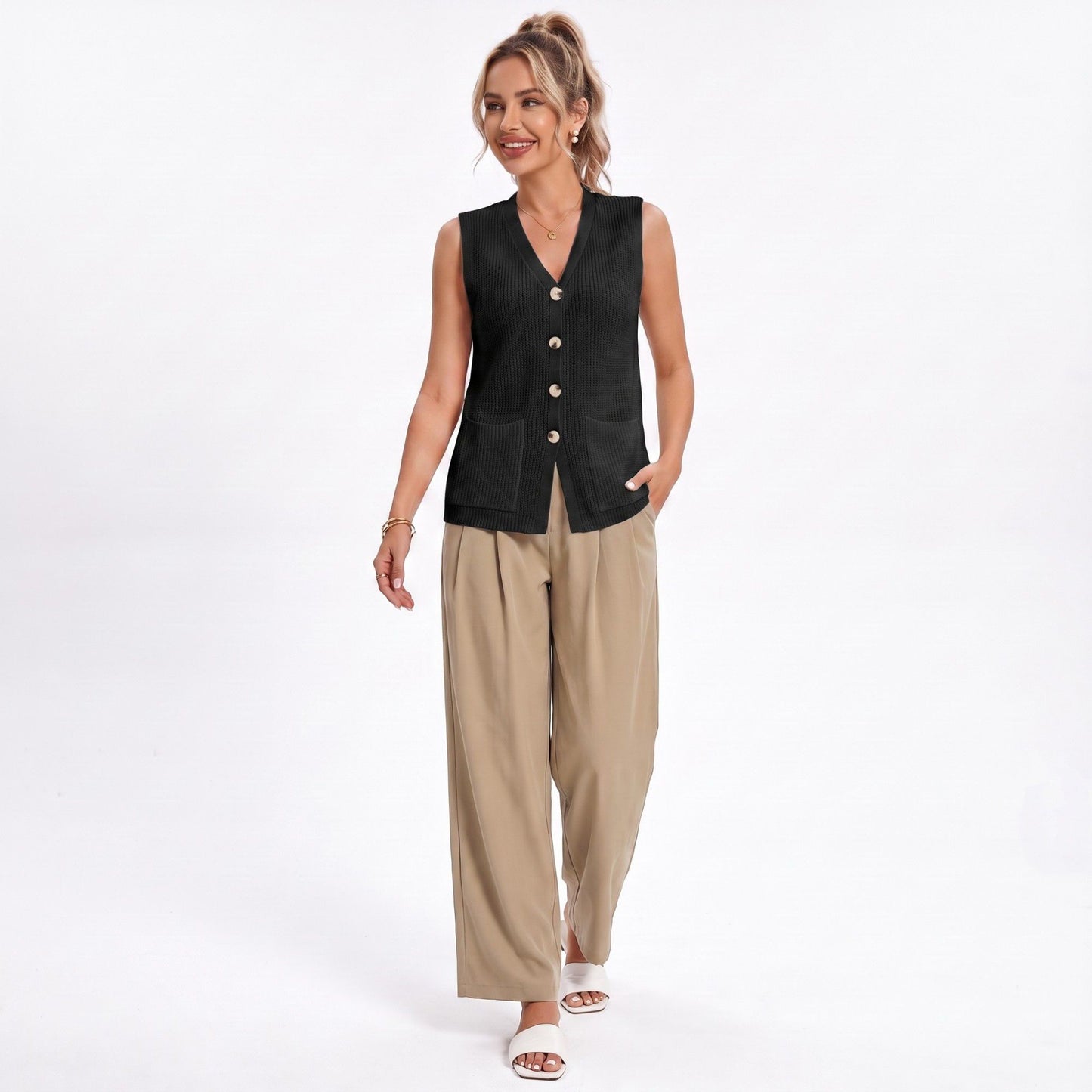Button Front Sweater Vest V Neck Sleeveless Knit Pocket Top