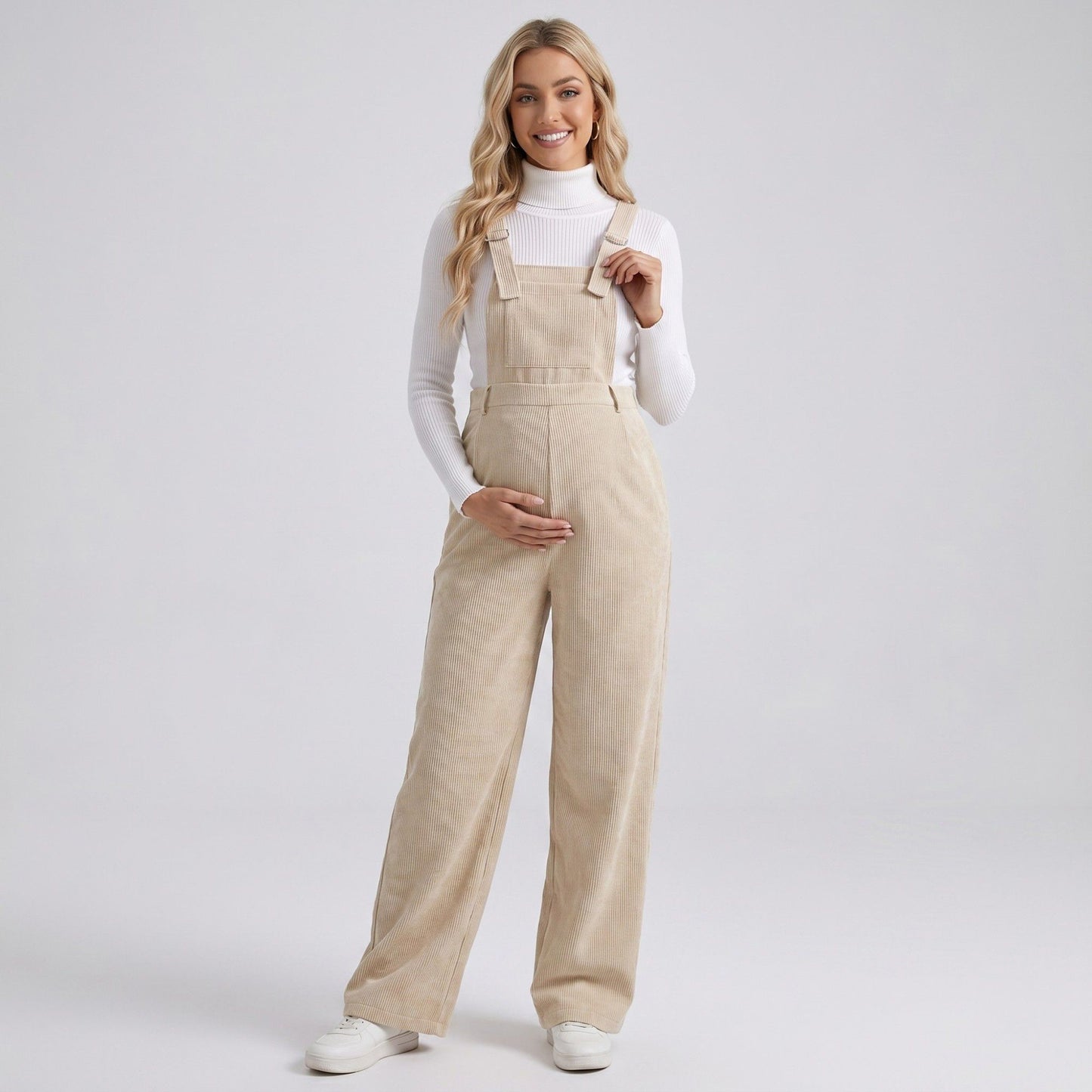 Maternity Corduroy Overall Jumpsuit with Adjustable Straps and Wide Leg Fit