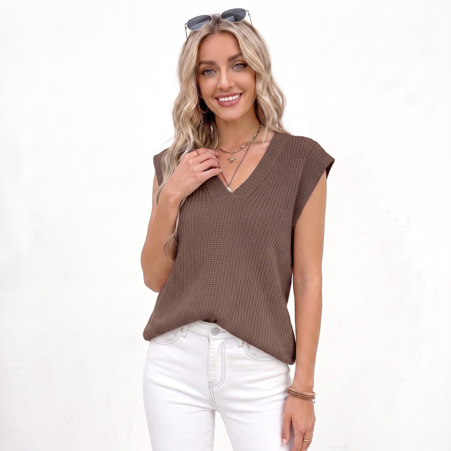 V Neck Sweater Vest Sleeveless Textured Knit Pullover Top