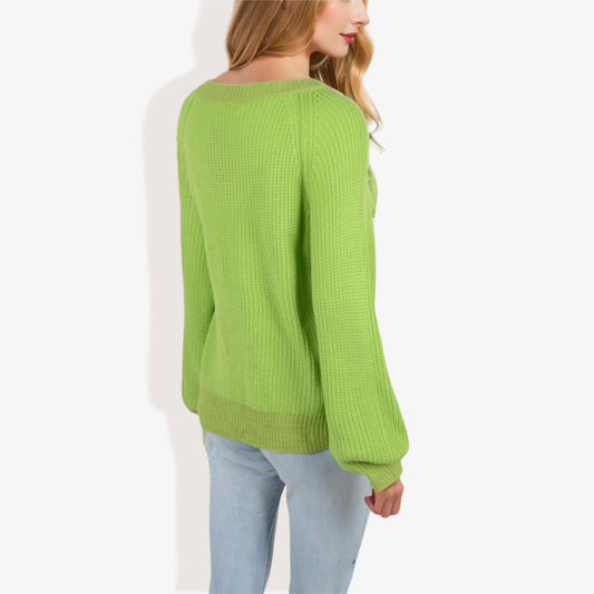 V-Neck Long Sleeve Sweater with Ribbed Cuffs