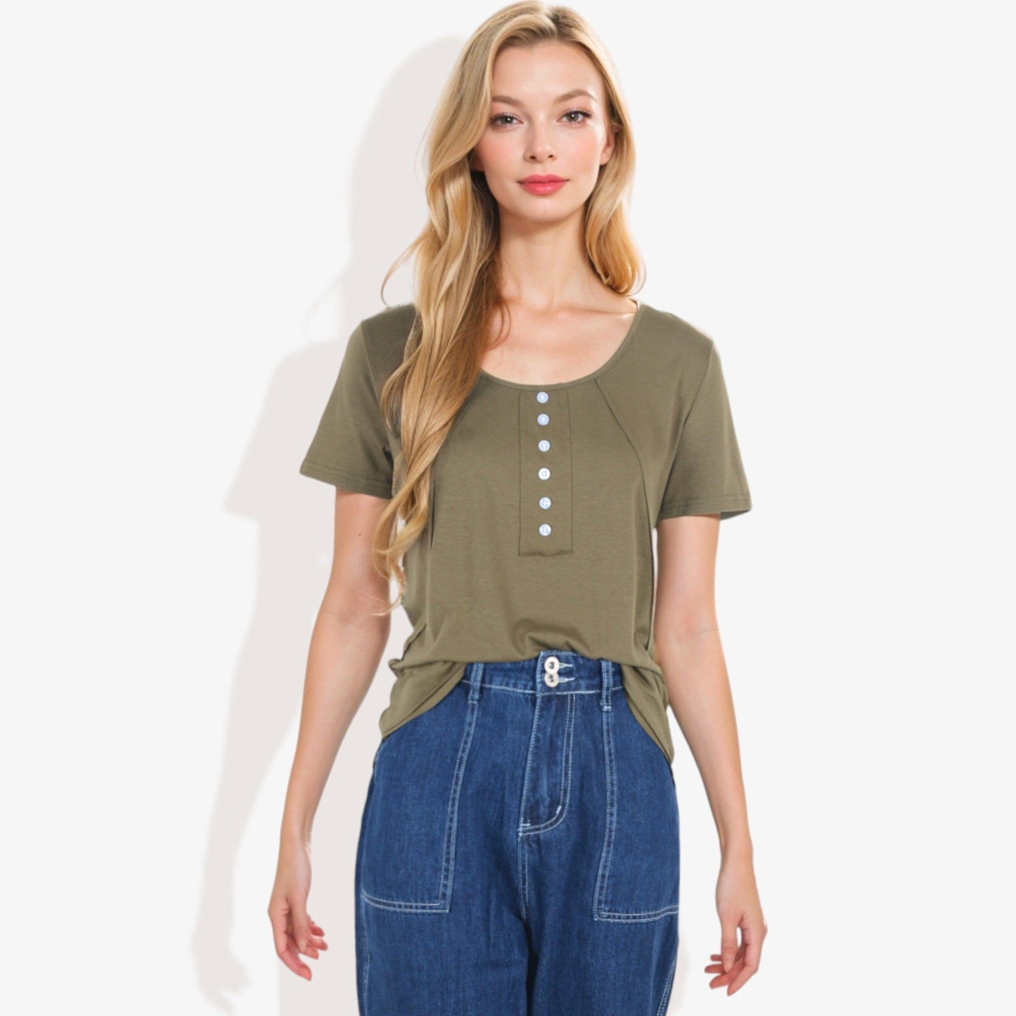 Solid Round Neck Short Sleeve Top with Decorative Buttons