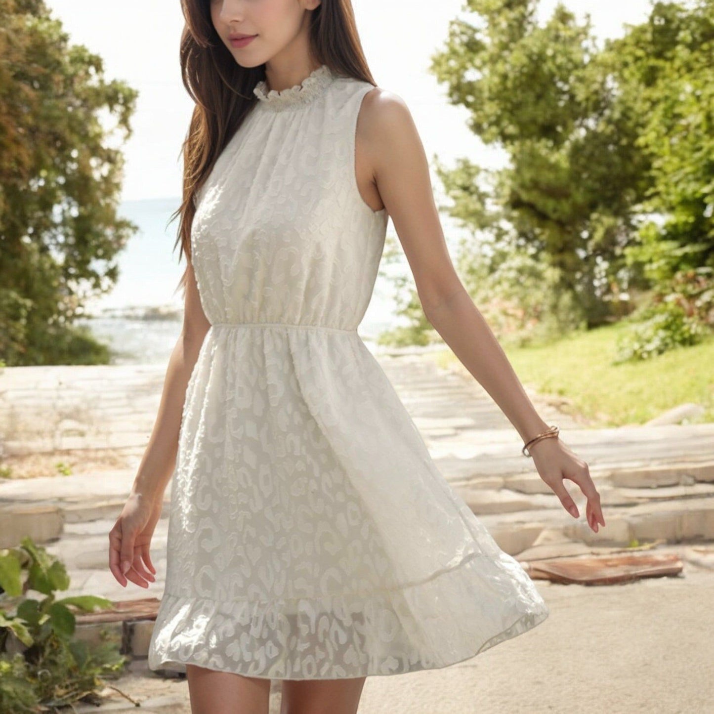 Sleeveless High Neck Mini Dress with Ruffle Hem