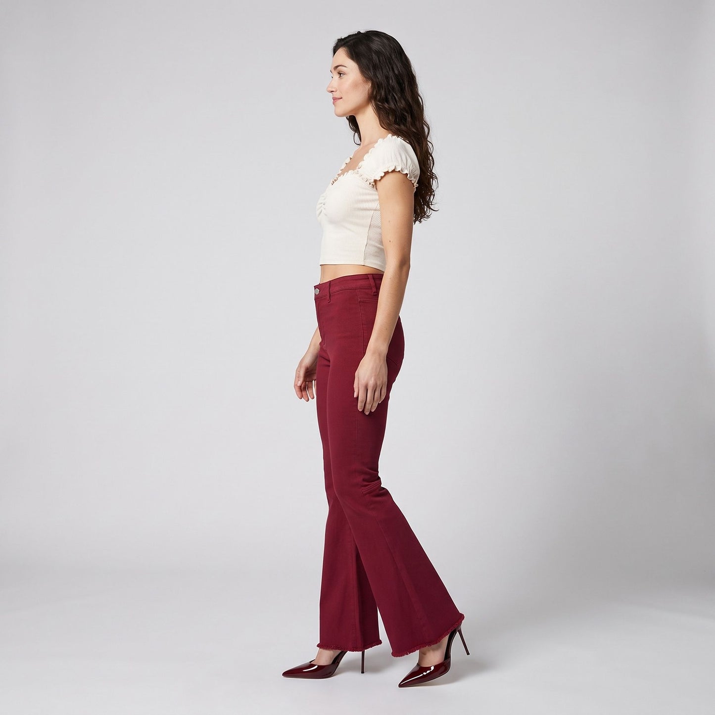 High Rise Flare Pants Button Front Stretch Wide Leg Hem Pants