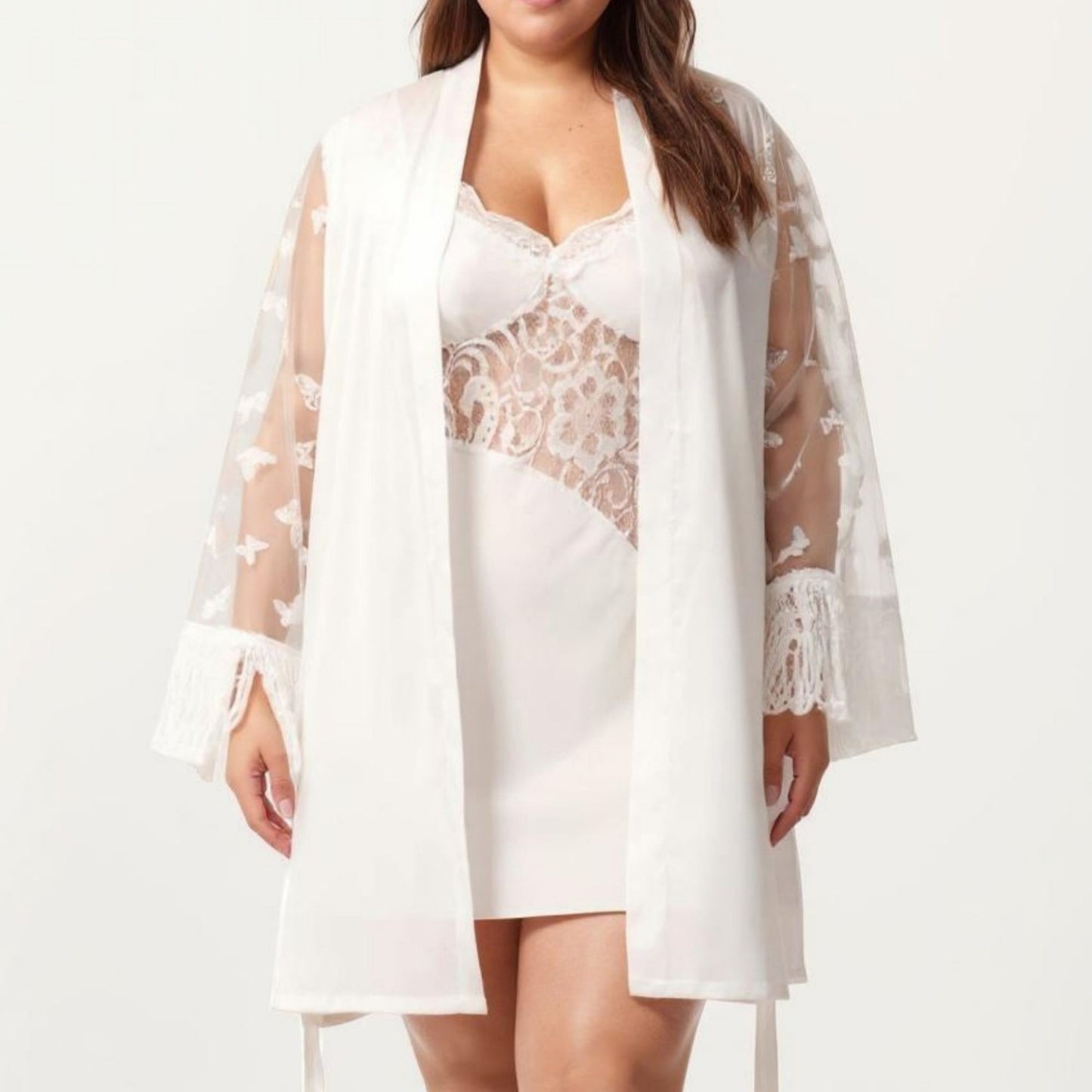 Plus Size Sheer Mesh Lace Trim Robe Lightweight Long Sleeve Sleepwear
