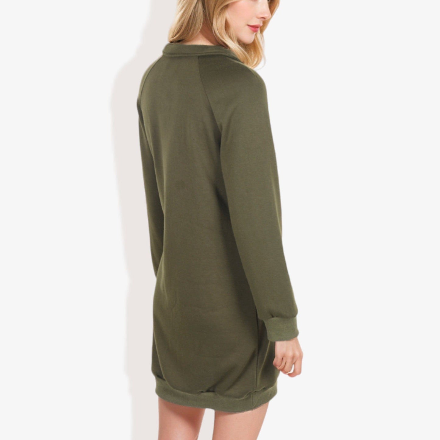 Cuffed Long Sleeve Solid Kangaroo Pocket Zipper Mini Dress