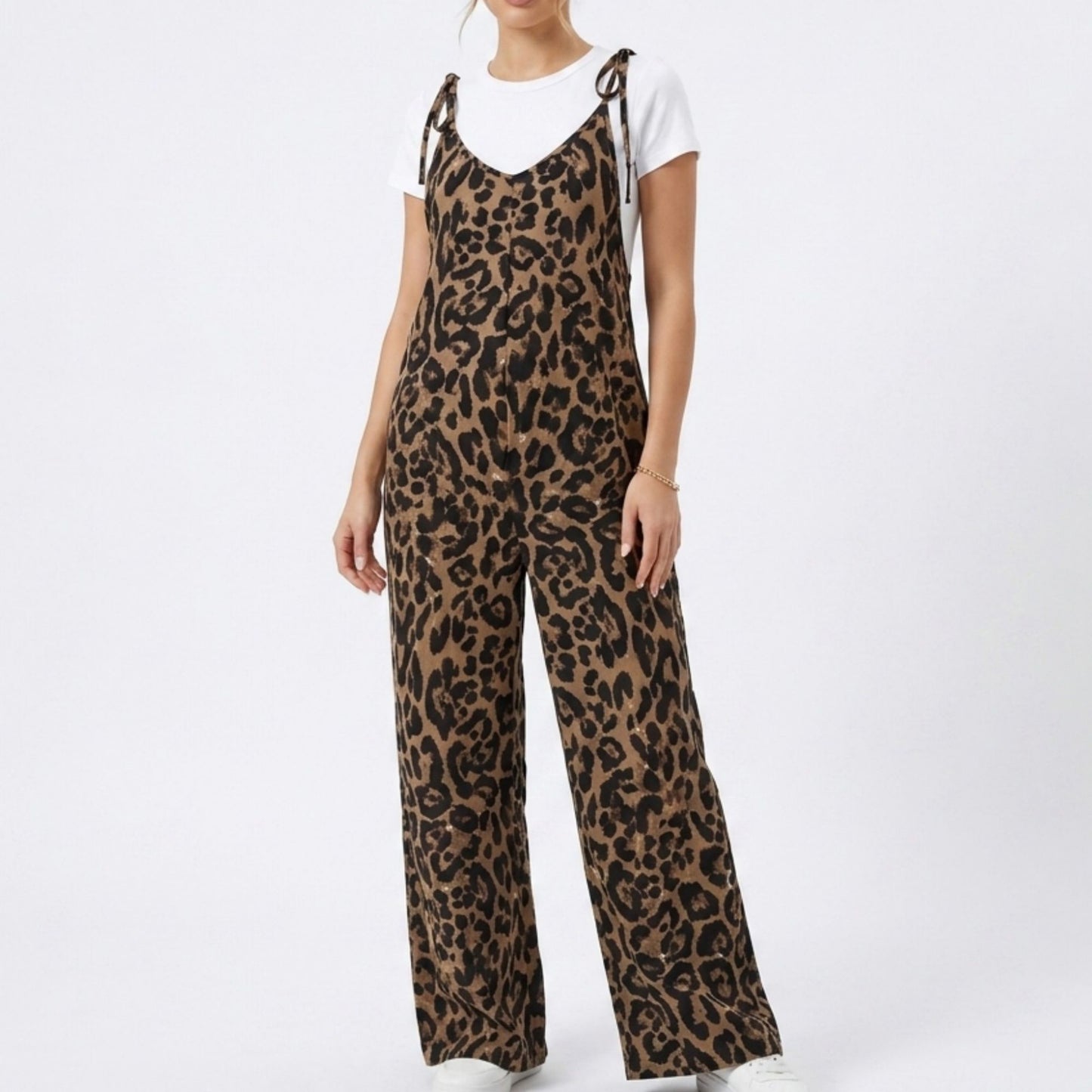 Maternity Leopard Print Wide Leg Jumpsuit with Tie Shoulder Straps and Layered Tee Look