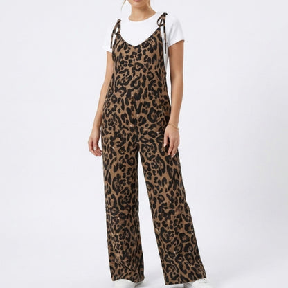 Maternity Leopard Print Wide Leg Jumpsuit with Tie Shoulder Straps and Layered Tee Look