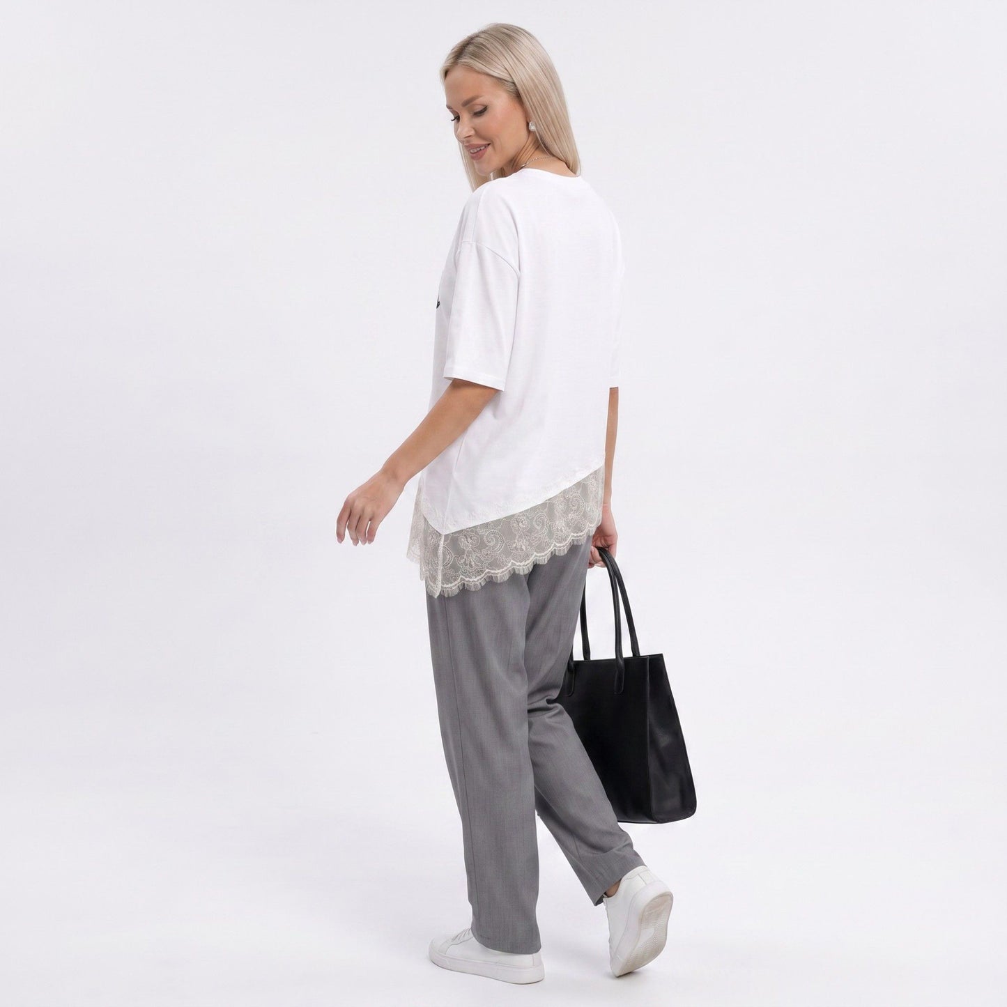 Lace Trim T-Shirt Asymmetric Hem Short Sleeve Crew Neck Top