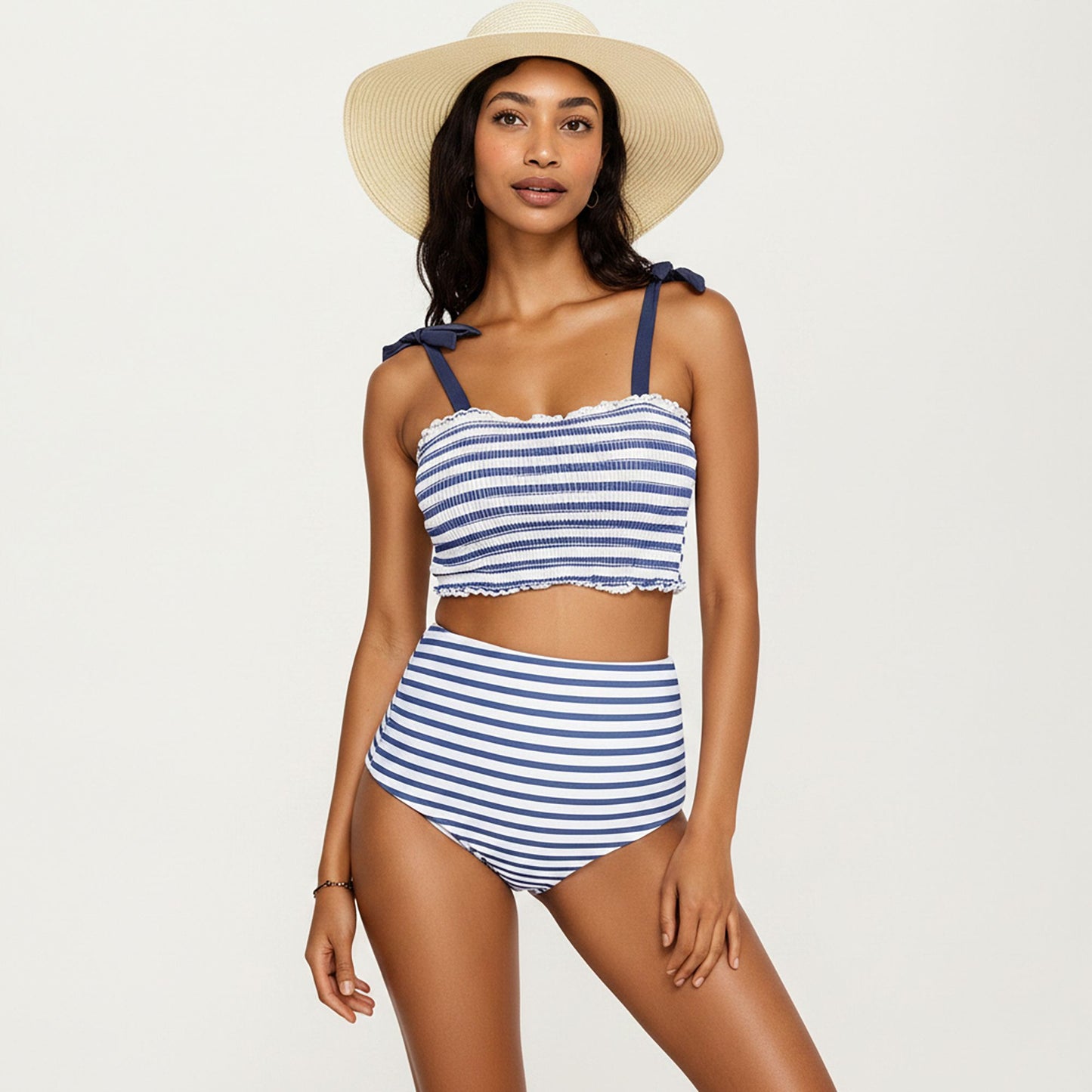 Maternity Striped Smocked Bikini Set with Tie-Shoulder Top and High-Waisted Bottom