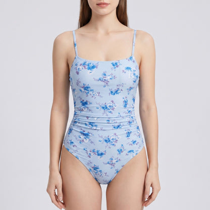 Floral Print One Piece Swimsuit with Slim Straps Ruched Waist Scoop Neck High Cut Leg and Smooth Stretch Fit