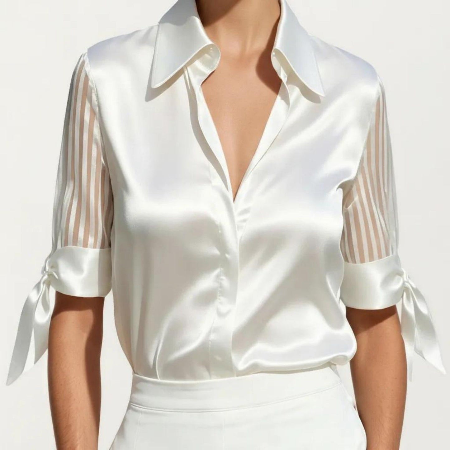 Satin Collared Blouse with Sheer Stripe Sleeves and Bow Tie Cuffs
