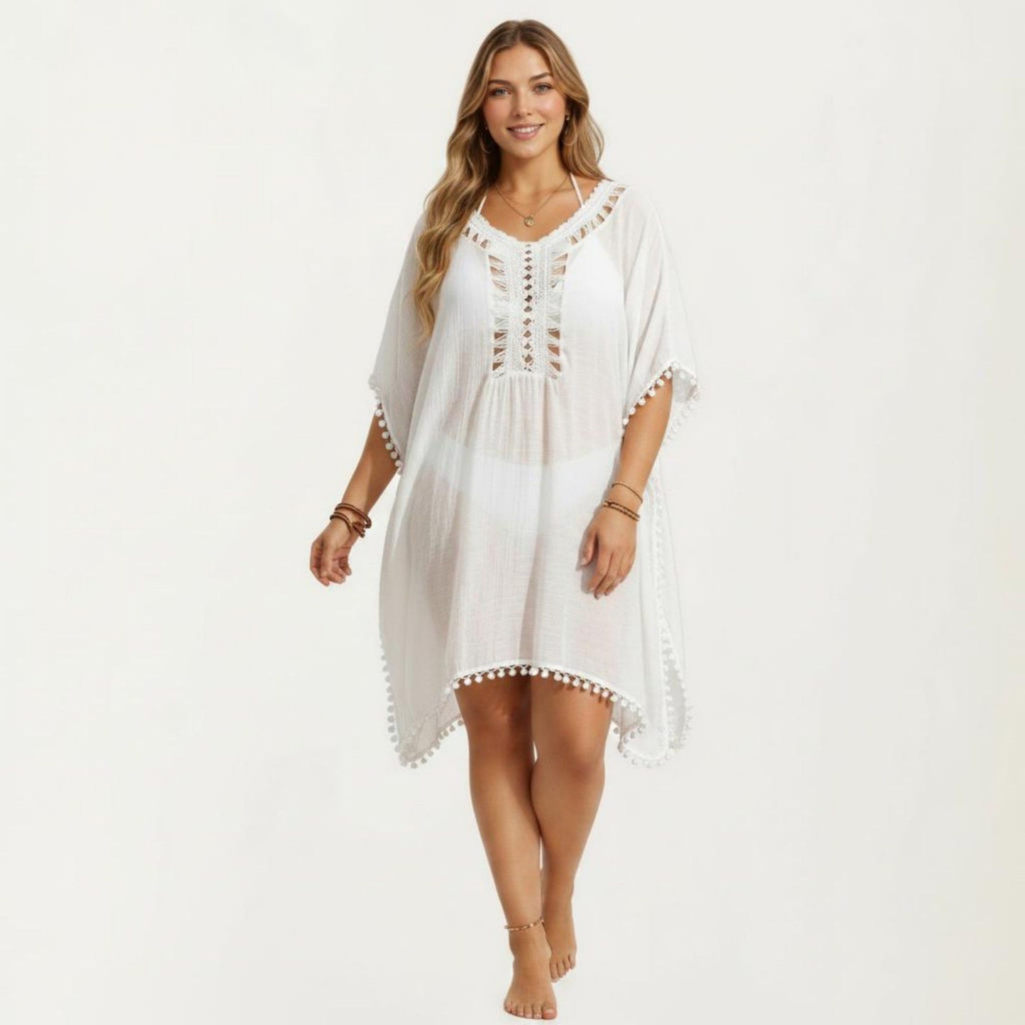 Swim Cover Up Dress with Crochet Cutout Neckline Pom Trim Hem Loose Short Sleeves Relaxed Fit