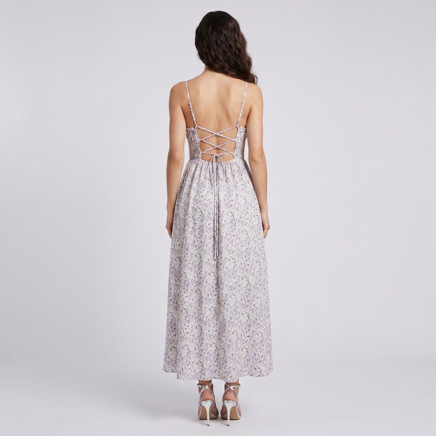 Floral Print Smocked Bodice Maxi Dress with Tie Front Sweetheart Neckline Slim Straps and Flowy Skirt