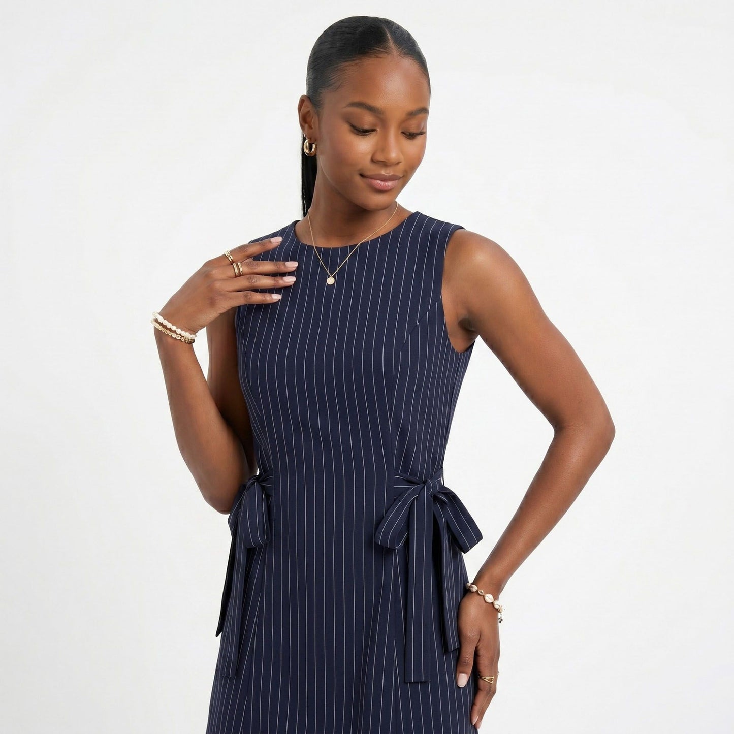 Pinstripe Side Tie Sleeveless Mini Dress