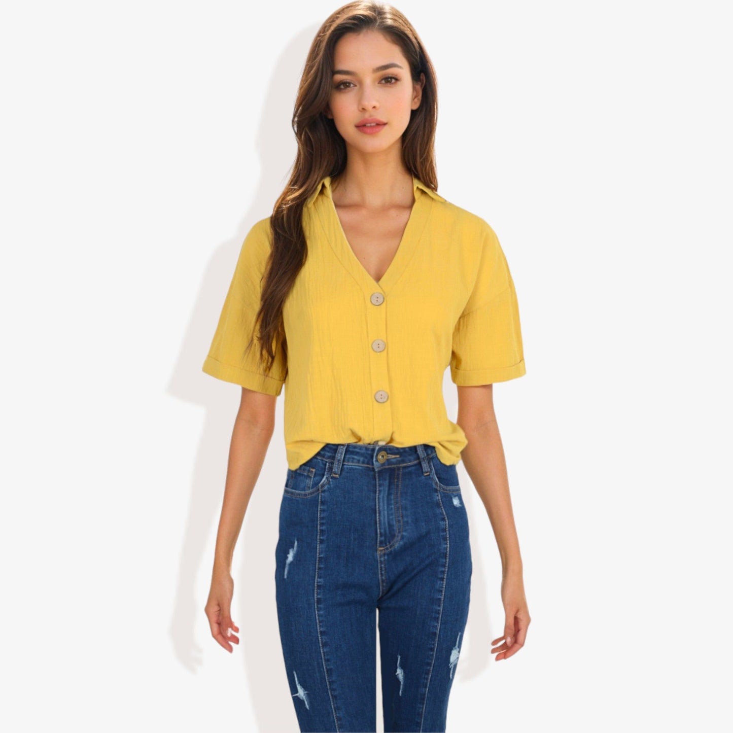 Short Sleeve Button Down Shirt with V-Neckline