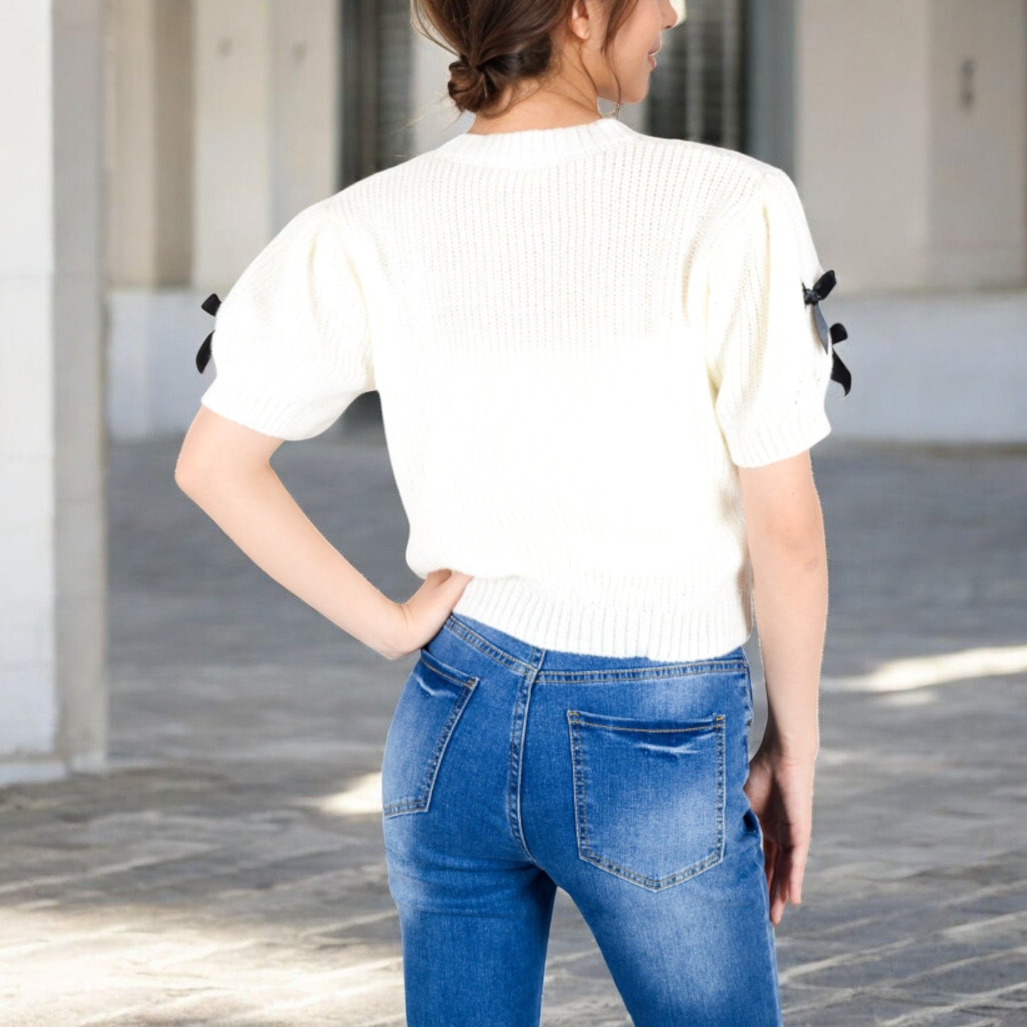 Short Sleeve Knit Sweater with Ribbon Bow Accents