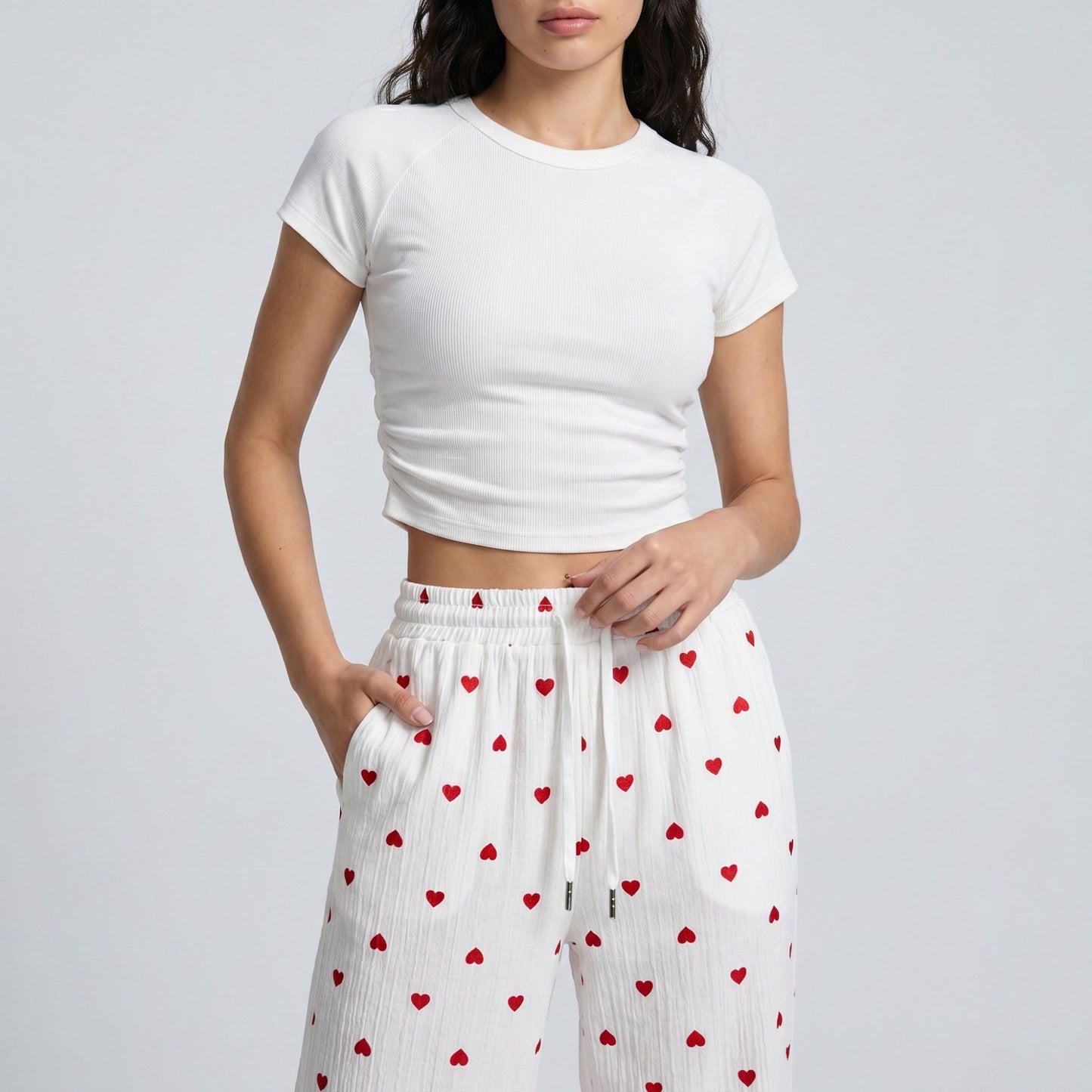 Heart Print Wide Leg Lounge Pants Elastic Drawstring Waist Casual Trousers with Pockets