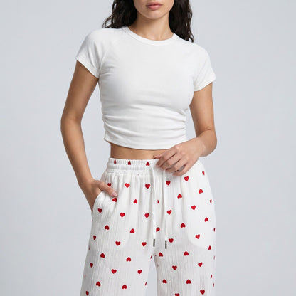 Heart Print Wide Leg Lounge Pants Elastic Drawstring Waist Casual Trousers with Pockets