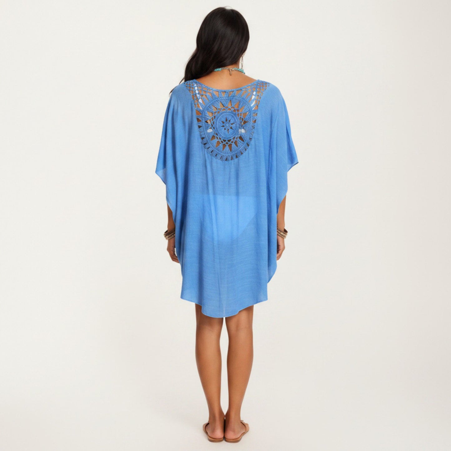 Crochet Medallion Swim Cover Up Dress with Tassel Trim and Relaxed Boho Silhouette