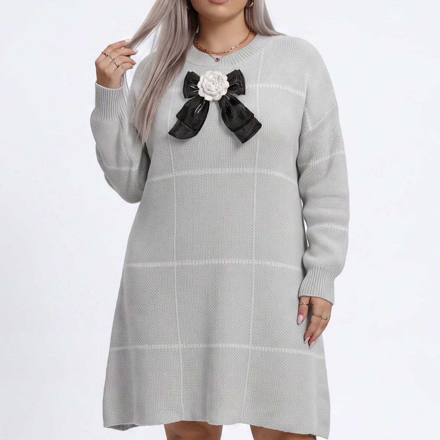 Plus Size Plaid Bow Detail Sweater Dress
