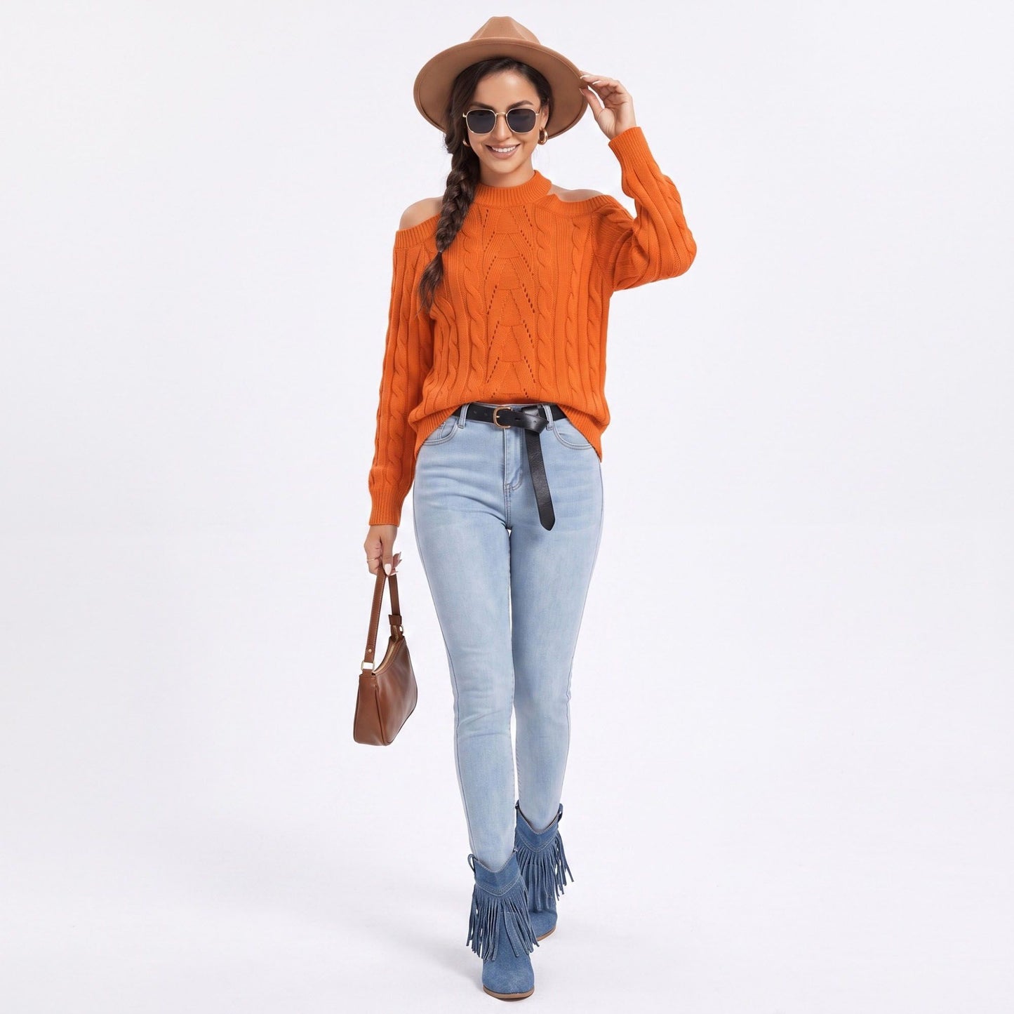 Mock Neck Cold Shoulder Cable Knit Long Sleeve Pullover Sweater