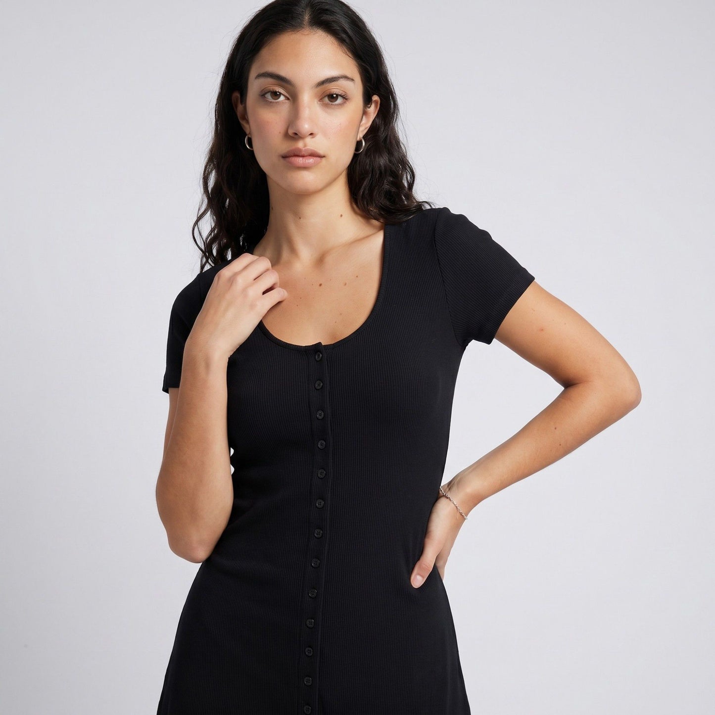 Short Sleeve Rib Knit Mini Dress with Button Front and Scoop Neck