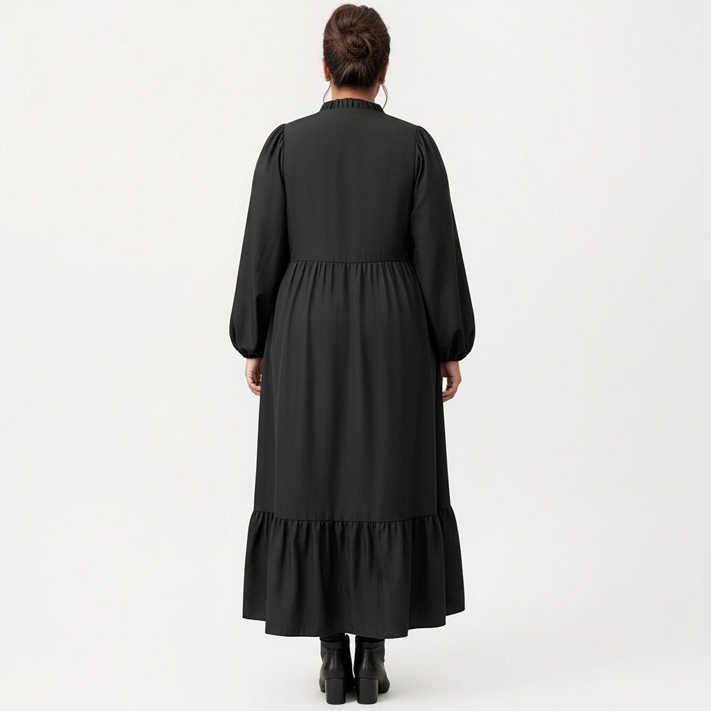 Plus Size Long Sleeve V Neck Dress with Floral Embroidered Bodice and Flowy Tiered Skirt