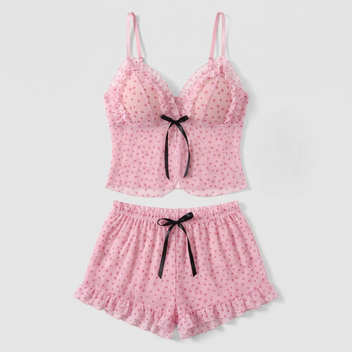 Heart Print Mesh Ruffle Cami and Shorts Lingerie Set