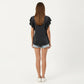 Short Sleeve Top with Flutter Ruffle Sleeves and Split V Neck Relaxed Fit Casual Shirt