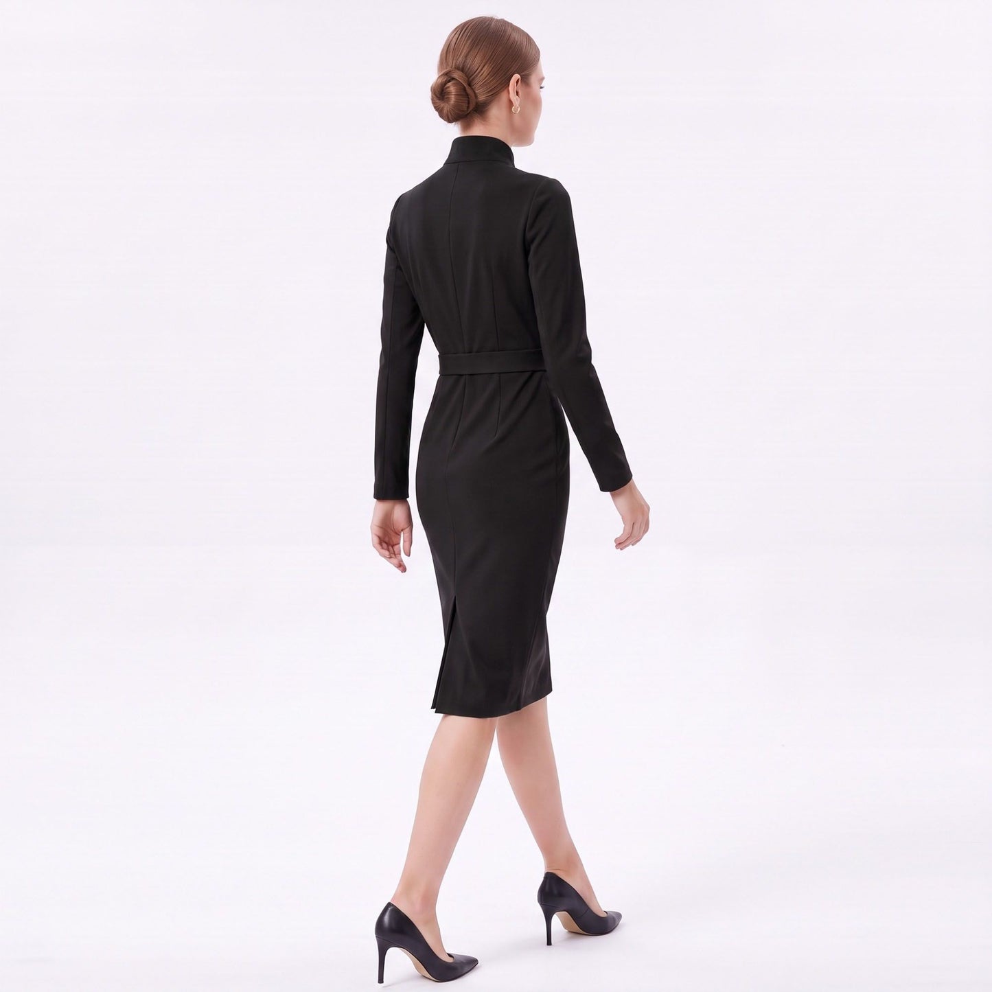 Long Sleeve Stand Collar Sheath Dress with Asymmetric Button Detail