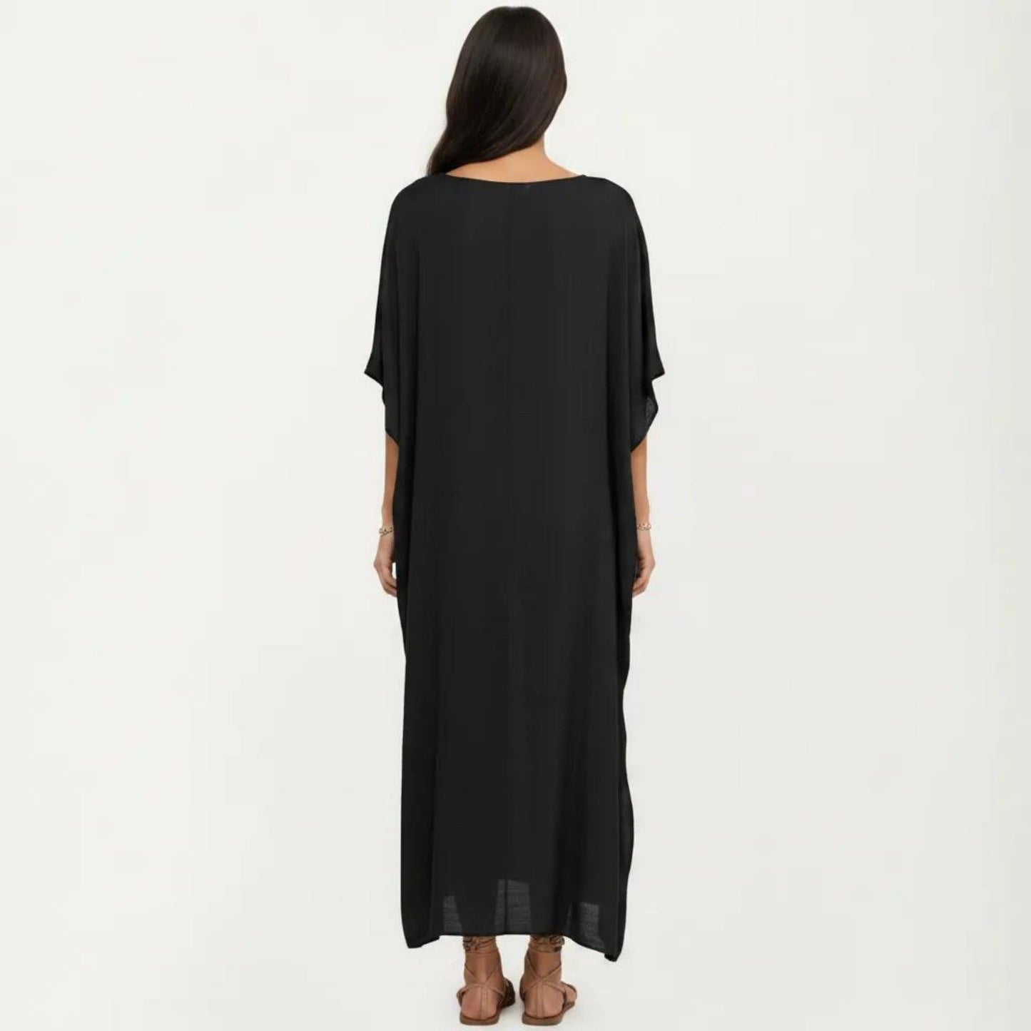 V-Neck Maxi Swim Cover Up Dress Loose Short Sleeve Lightweight Beach Caftan