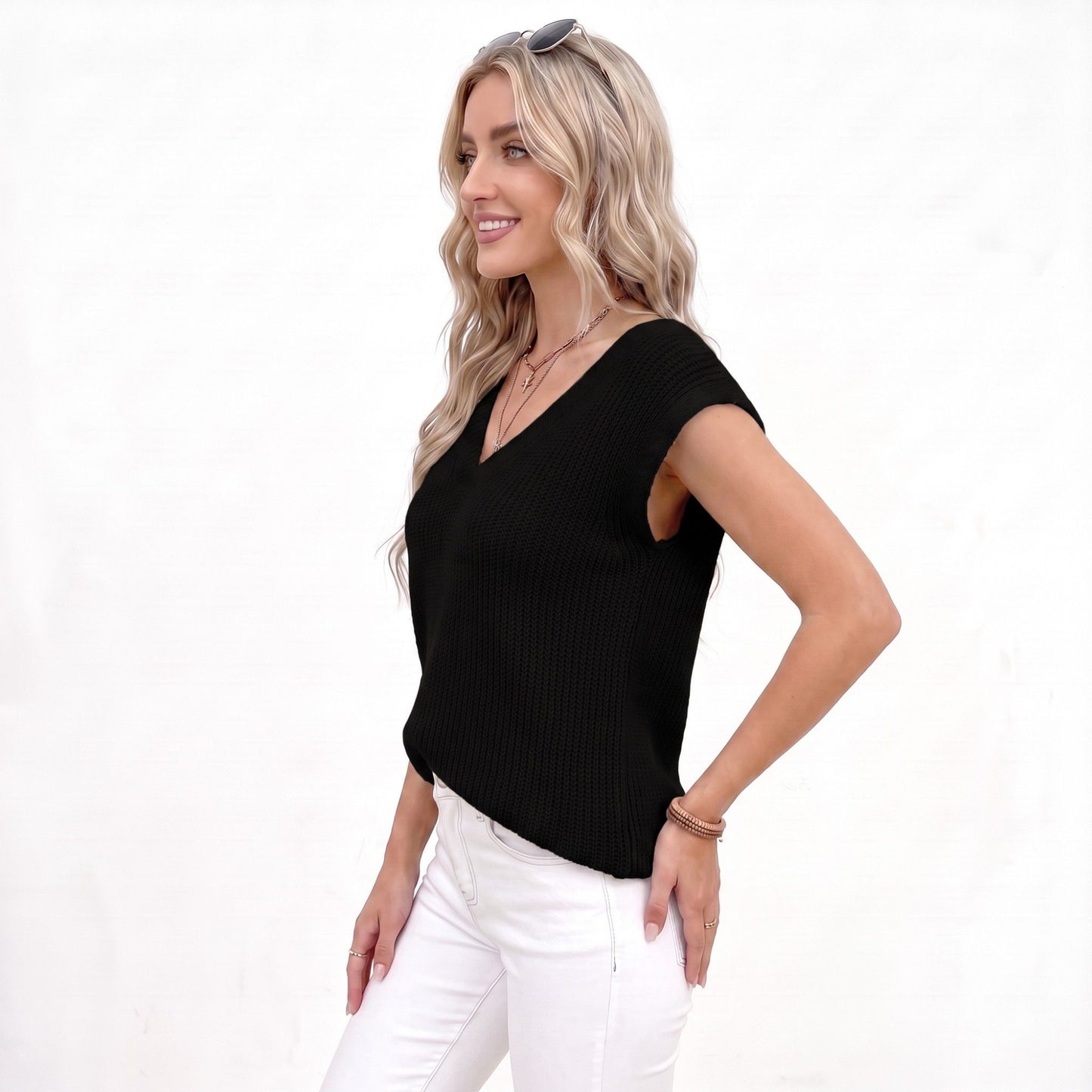 V Neck Sweater Vest Sleeveless Textured Knit Pullover Top