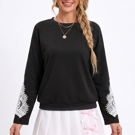 Lace Sleeve Crew Neck Long Sleeve Relaxed Sweatshirt