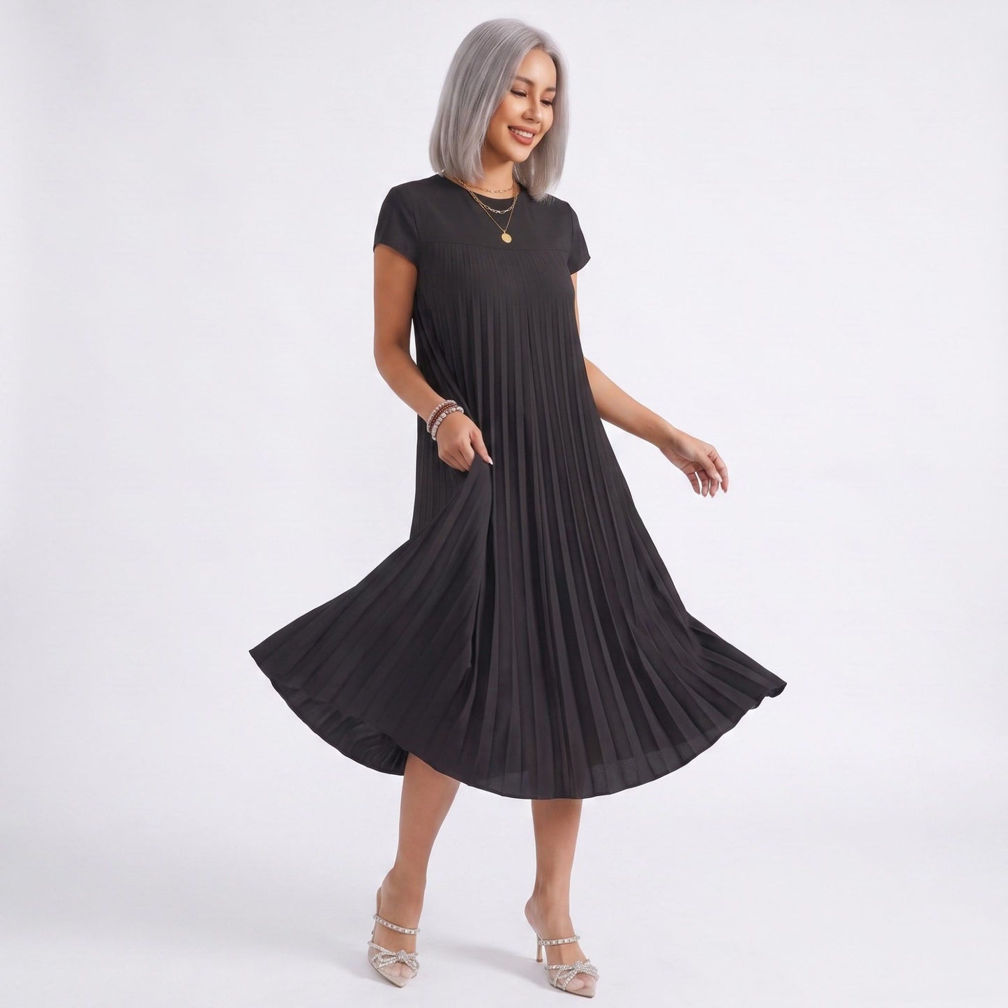 Crew Neck Short Sleeve Accordion Pleated Midi Dress