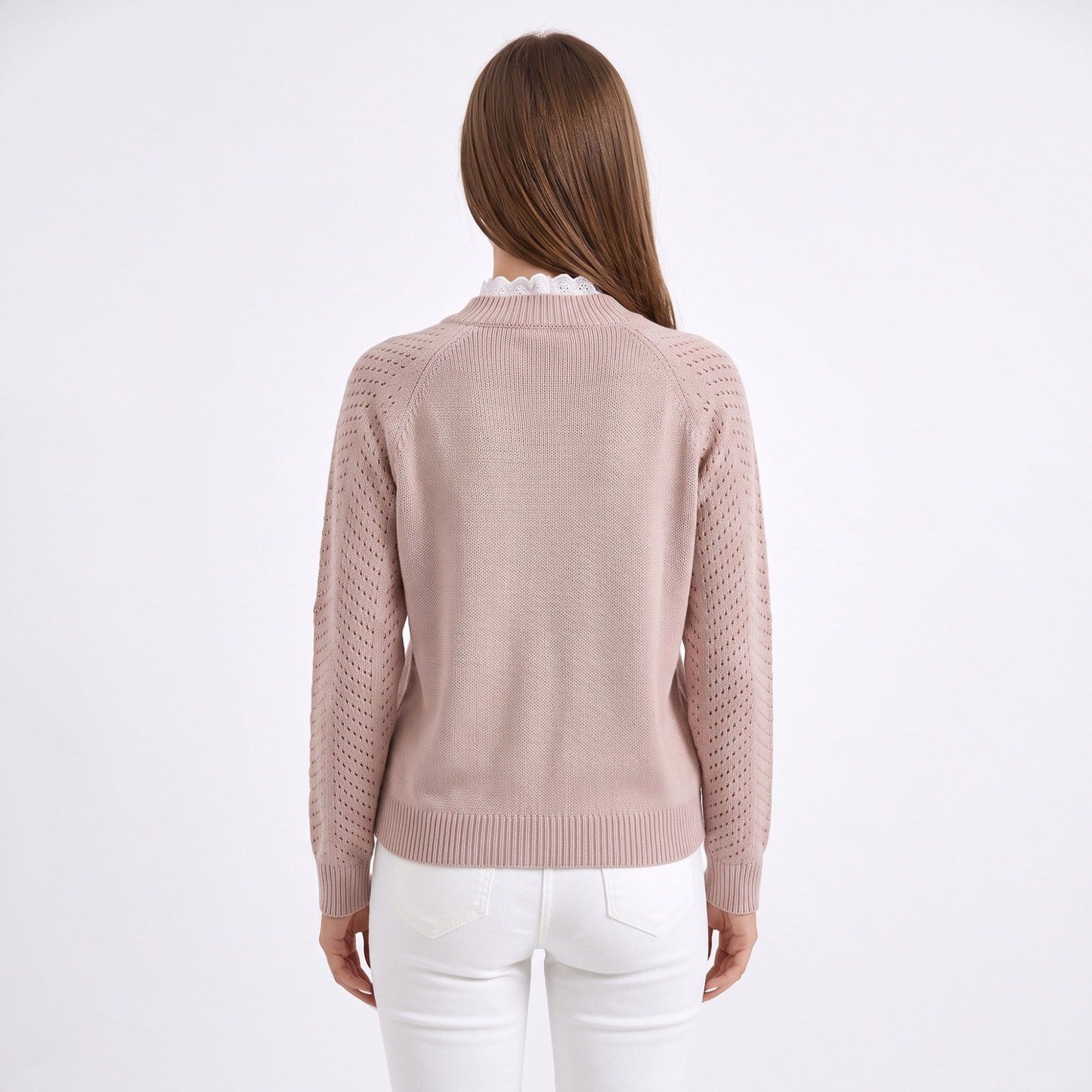 Pointelle Sleeve Mock Neck Sweater with Shoulder Buttons
