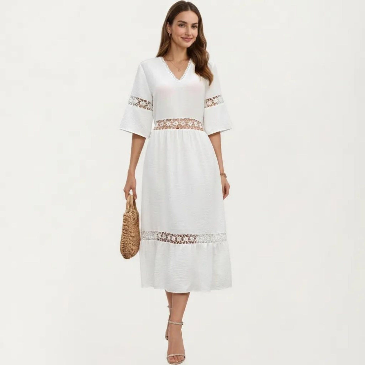 V Neck Midi Dress with Lace Trim Paneling and Short Wide Sleeves Flowing Silhouette
