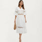 V Neck Midi Dress with Lace Trim Paneling and Short Wide Sleeves Flowing Silhouette