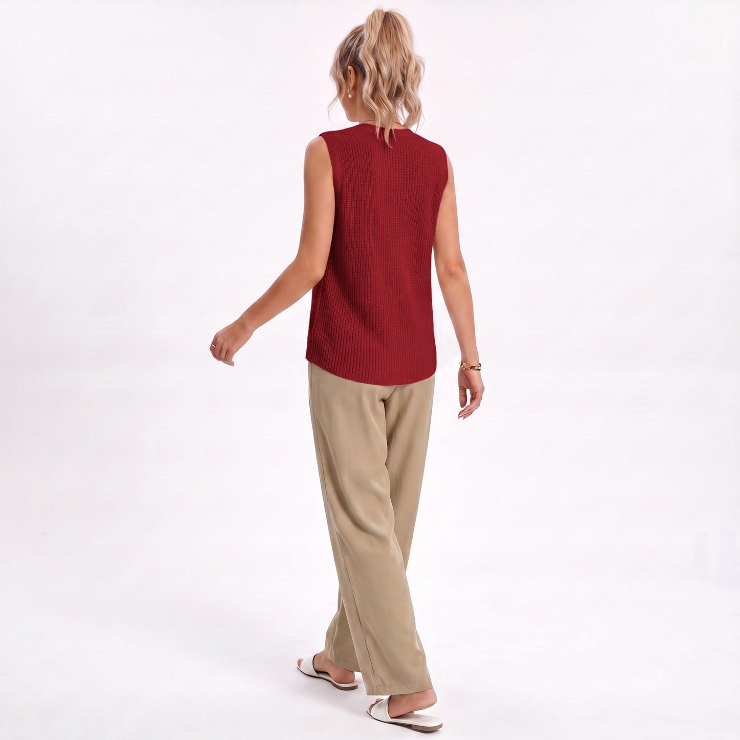 Button Front Sweater Vest V Neck Sleeveless Knit Pocket Top