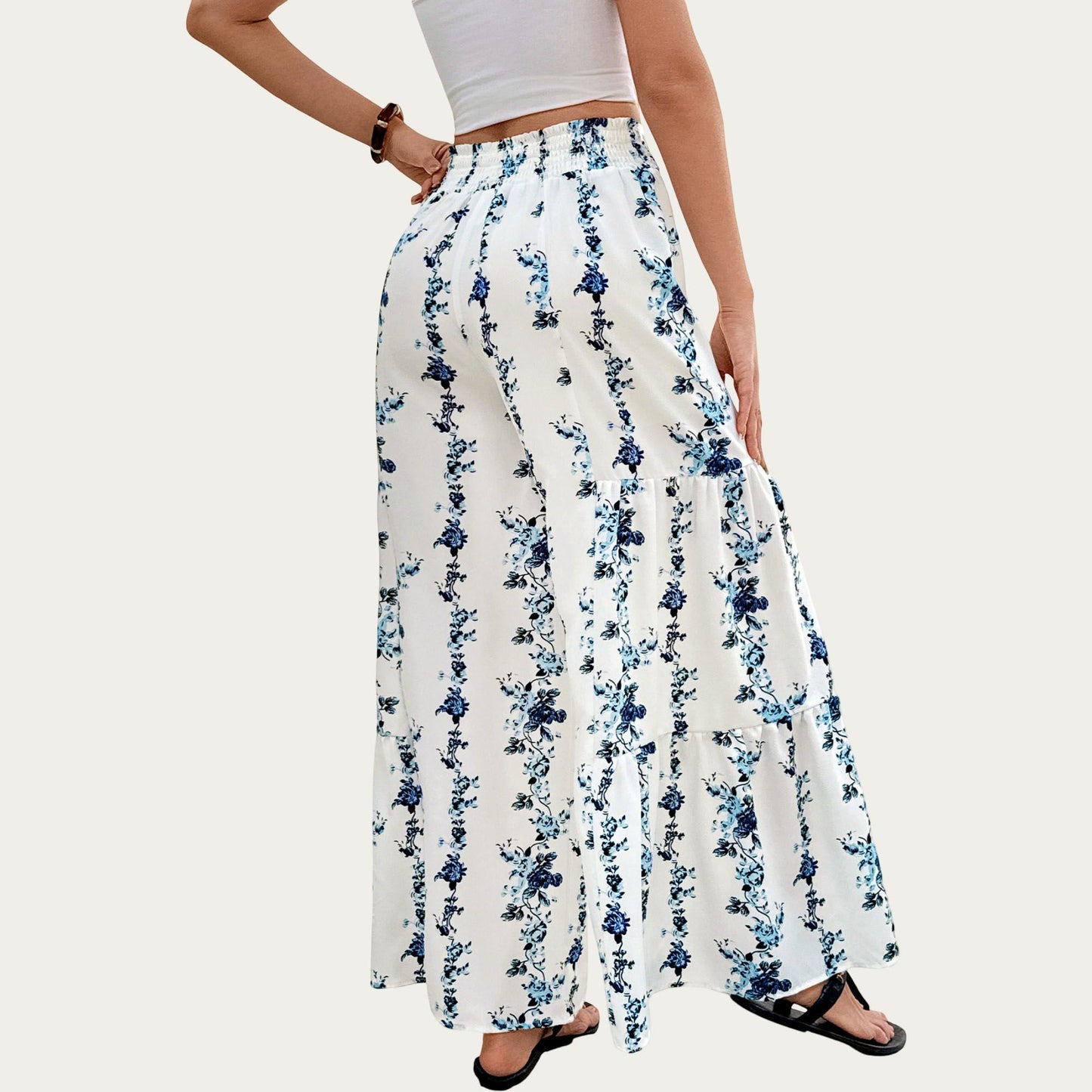 Floral Wide Leg Palazzo Pants with Tiered Hem Detail and Adjustable Tie Waist