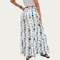 Floral Wide Leg Palazzo Pants with Tiered Hem Detail and Adjustable Tie Waist