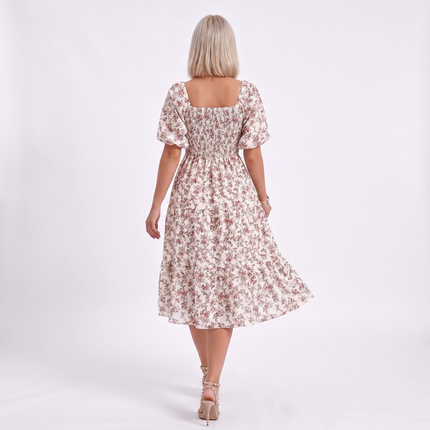 Floral Square Neck Smocked Bodice Tiered Midi Dress