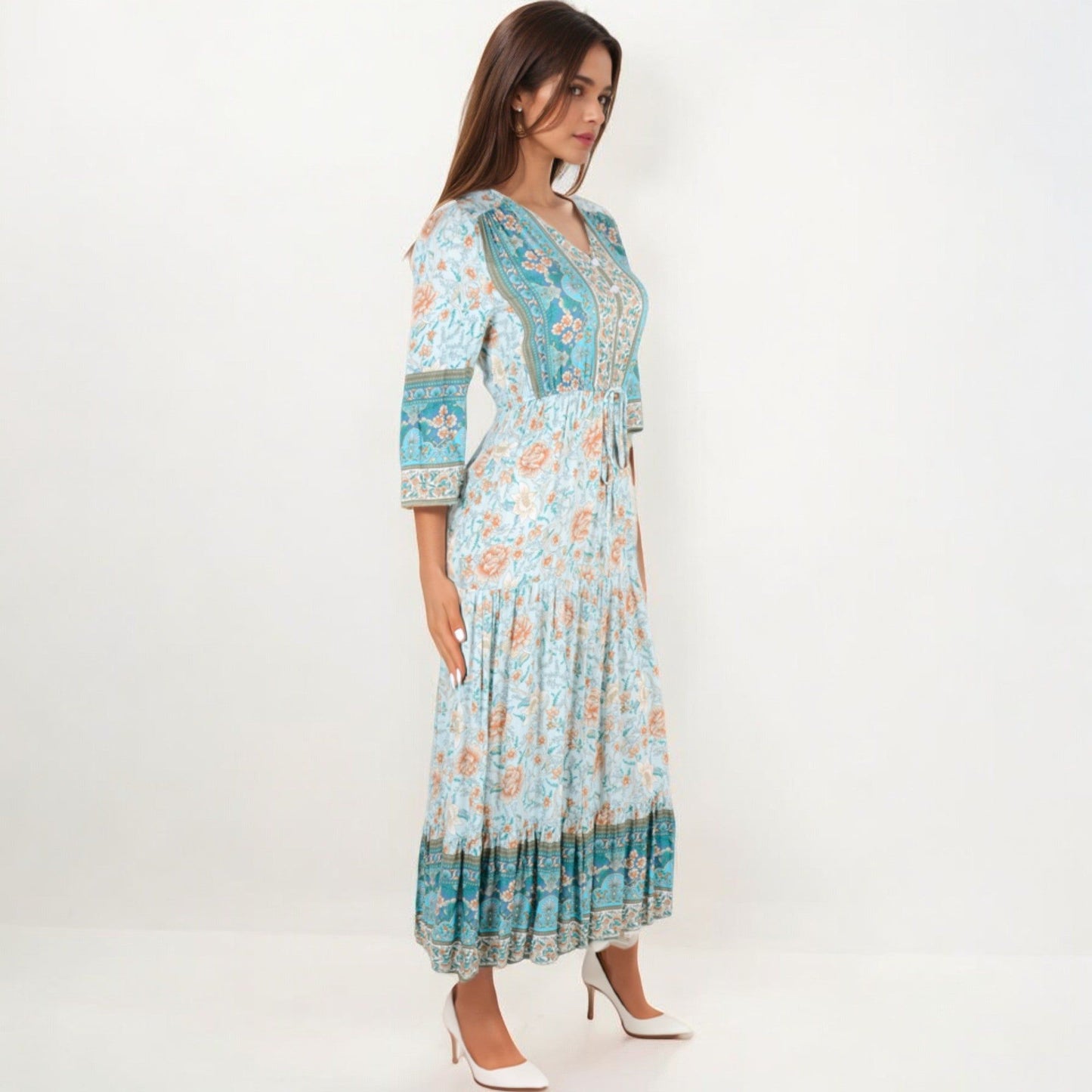 Bohemian Floral Midi Dress with 3/4 Sleeves Drawstring Waist