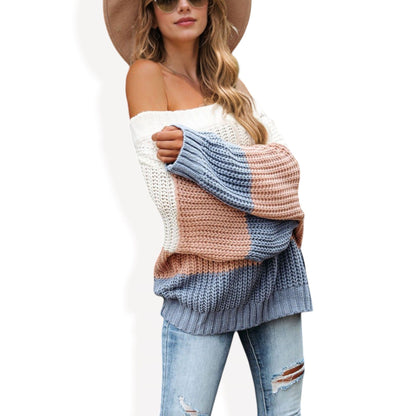 Off Shoulder Color Block Knit Sweater with Long Sleeves