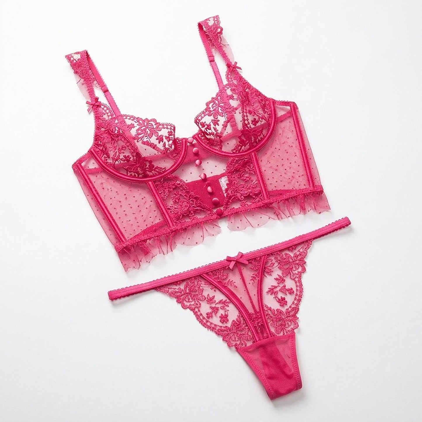 Floral Lace Mesh Underwire Bustier and Matching Panty Two Piece Lingerie Set